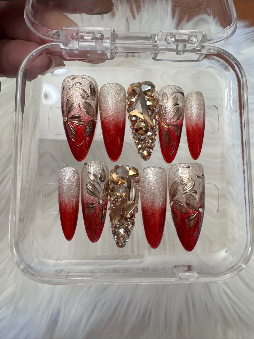 Red Ombre Rhinestone Stiletto Press-On Nails with Silver Glitter